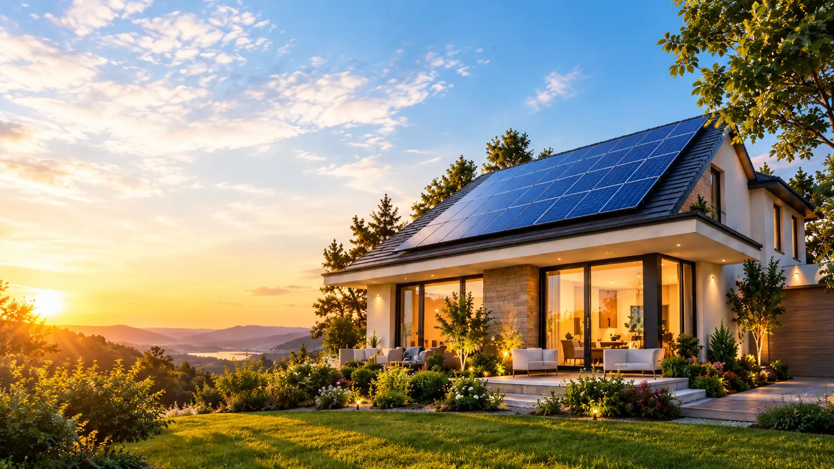 Modern home with rooftop solar panels at sunset