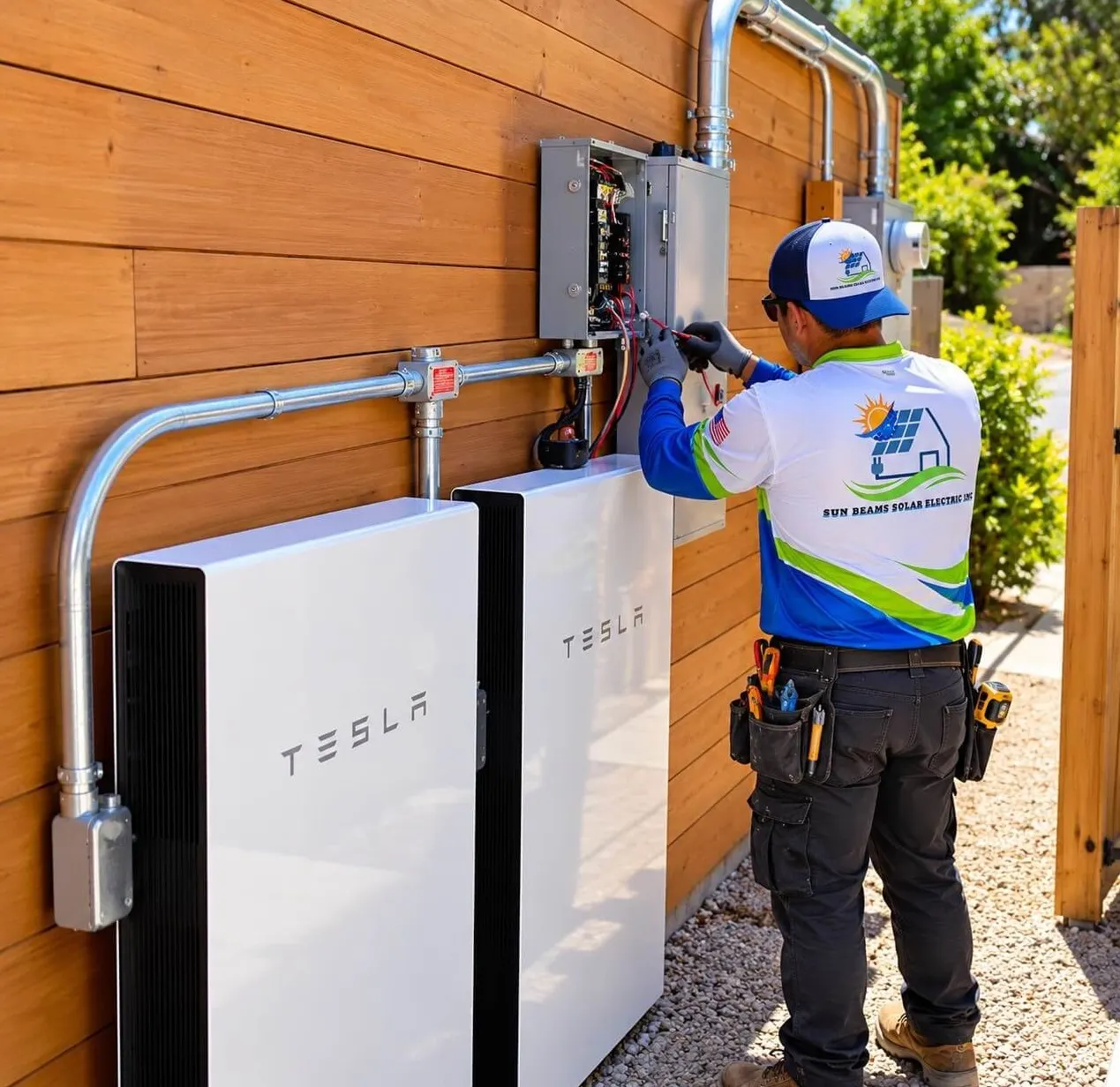 Electrician wiring two home batteries on an exterior wall
