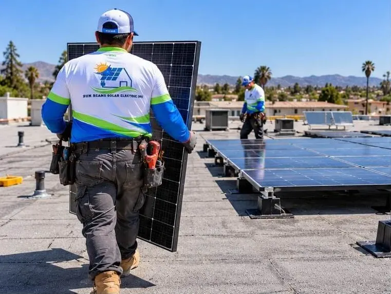 Installer carrying a solar panel on a flat roof