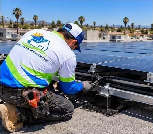 Installer connecting wiring on a flat-roof solar array