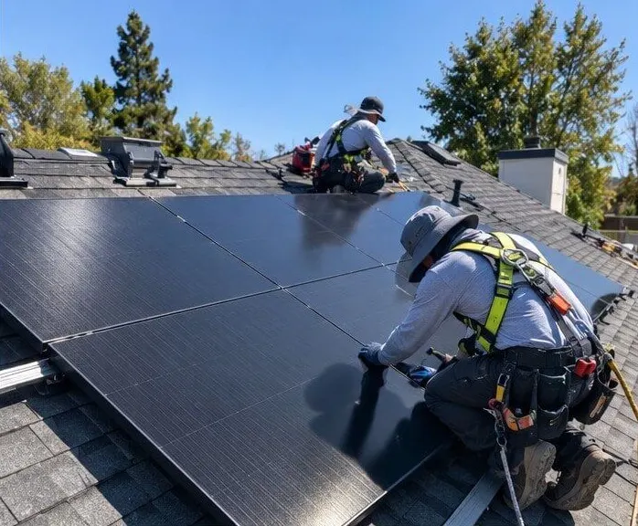 Installer securing all-black solar panels on a shingle roof