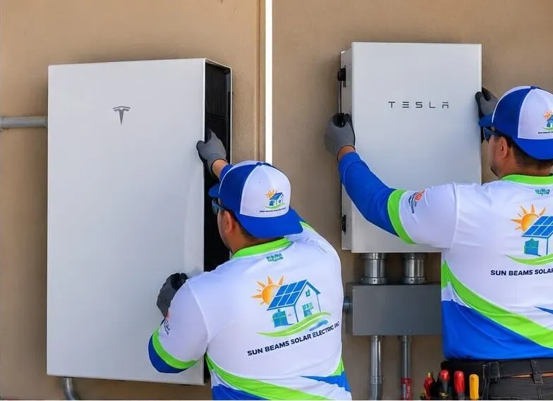 Installers mounting home battery units on a garage wall