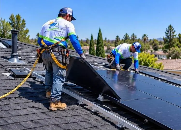 Installers placing solar panels on a shingle roof