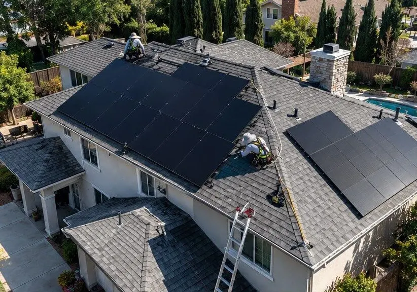 Rooftop solar installation in progress on a two-story home