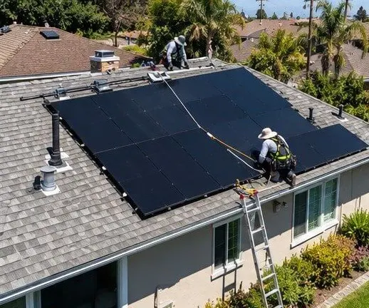 Solar array being installed on a single-story home