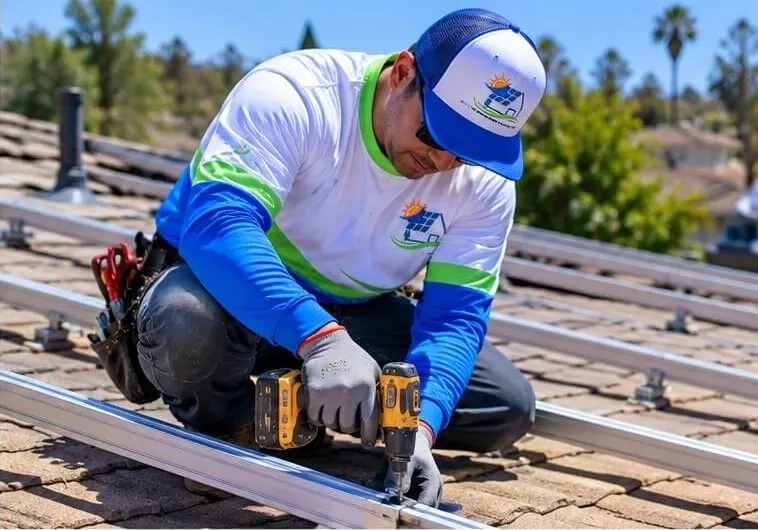 Installer fastening solar racking rails on a tile roof