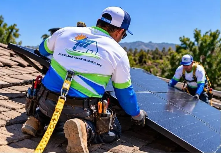 Installers placing solar panels on a tile roof