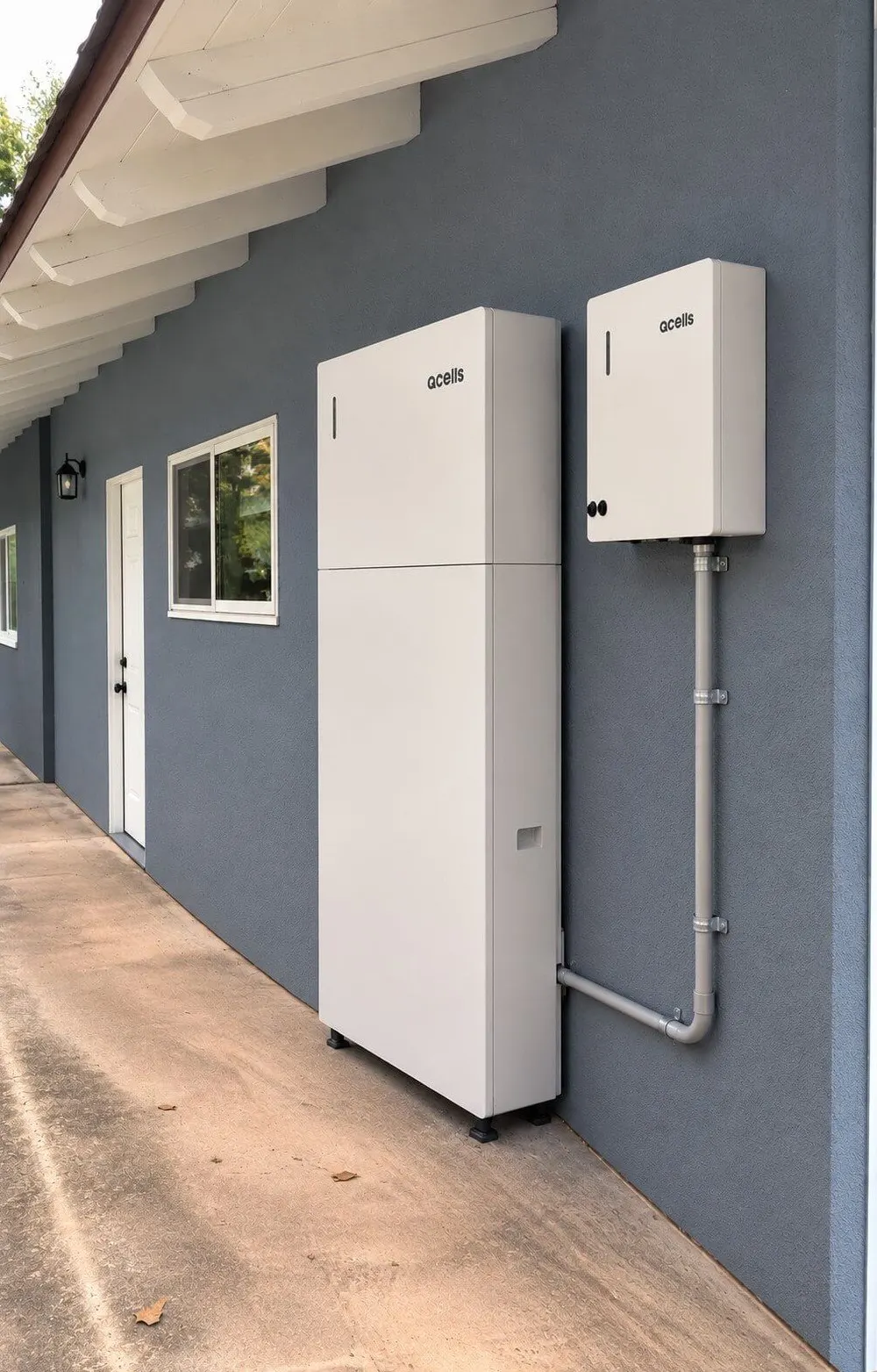 Home battery system mounted on an exterior wall